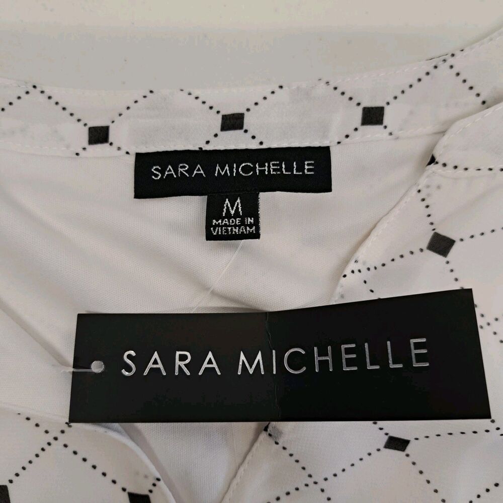 Sara Michelle Women's M Blouse Large White Black 3/4 Sleeve Roll Tab - Picture 3 of 8